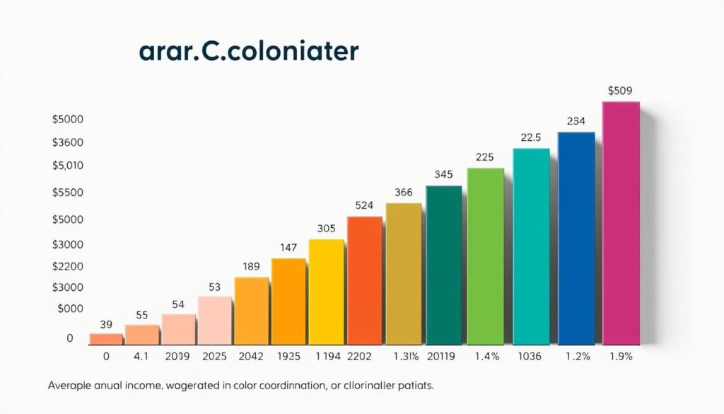 A detailed bar graph comparing the average annual incomes of various occupations, with a focus on the color coordinator role. The graph is presented against a neutral background, using a clean and modern color palette that complements the subject matter. The bars are shown in a clear and legible format, with key data points highlighted to draw the viewer's attention. The overall composition is well-balanced, with ample negative space to create a sense of clarity and professionalism. The lighting is soft and even, creating a sense of depth and dimension without distracting from the primary visual elements.