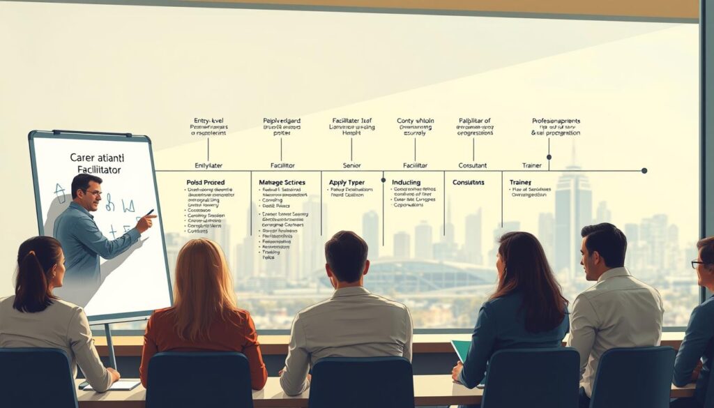 A detailed, career-focused illustration of a career path for a professional facilitator. In the foreground, a facilitator leading a discussion, with a whiteboard, markers, and attentive participants. In the middle ground, a timeline depicting various roles and responsibilities, from entry-level to senior facilitator, consultant, and trainer. In the background, a cityscape symbolizing the diverse industries and organizations where facilitators can apply their skills. The scene is lit with warm, natural lighting, conveying a sense of professionalism, collaboration, and growth. The overall mood is one of progression, development, and the versatility of the facilitator's role.