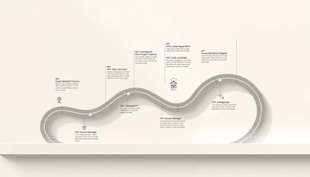 A detailed career path infographic showcasing the progression from an entry-level position to a general manager role. The illustration features a winding road with milestones, skill development, and leadership responsibilities depicted through icons and minimalist graphics. The scene is rendered in a clean, professional style with a neutral color palette, allowing the conceptual elements to take center stage. Soft lighting casts gentle shadows, creating depth and emphasizing the linear structure. The overall mood is one of clarity, direction, and aspirational growth, reflecting the journey towards becoming a general manager.