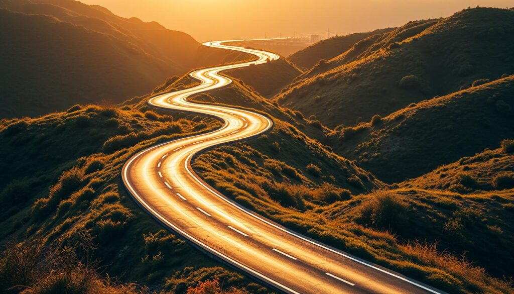 A detailed career path roadmap for a creative director, showcasing the various stages and milestones along the journey. The image should feature a winding road snaking through a lush, scenic landscape, with signposts and directional markers indicating different career steps such as junior designer, senior designer, art director, and creative director. The roadmap should be illuminated by warm, golden lighting, creating a sense of aspirational progression and professional growth. The overall mood should convey a sense of direction, purpose, and the potential for a fulfilling creative career.