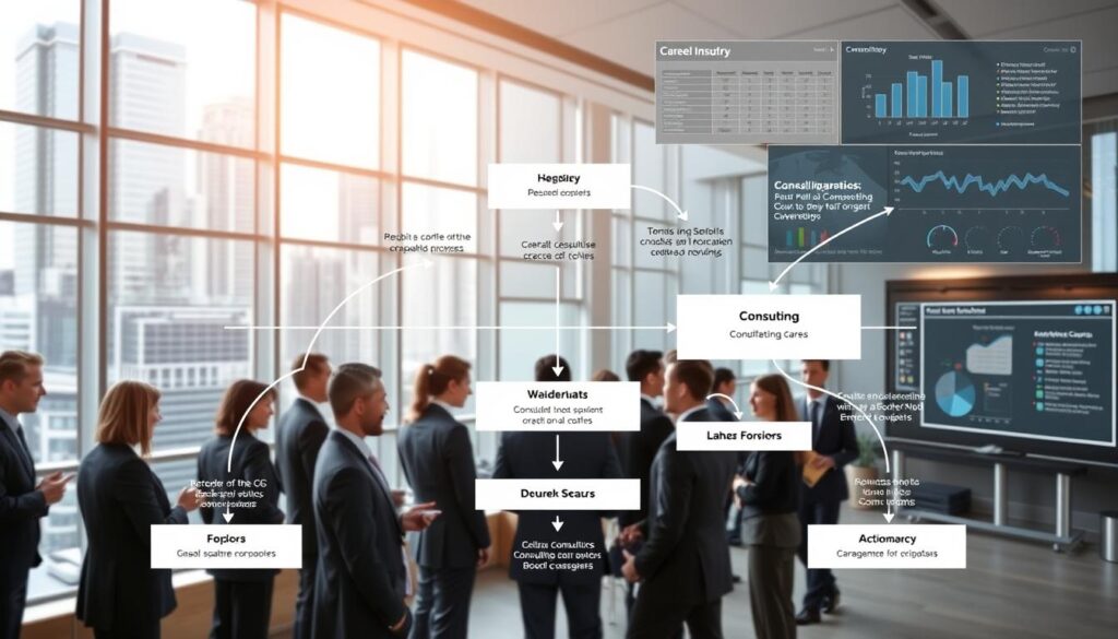 A detailed career progression diagram showcasing the typical roles and trajectories within the consulting industry. In the foreground, a group of smartly dressed professionals in a dynamic office environment, engaged in collaborative discussions. The middle ground features various job titles and responsibilities, connected by arrows indicating the potential career paths. The background subtly blends corporate skyscrapers, meeting rooms, and a data visualization dashboard, conveying the fast-paced, data-driven nature of the consulting field. The lighting is crisp and professional, with a focus on highlighting the key elements of the career progression. The overall composition is clean, modern, and visually engaging, providing a comprehensive illustration of the consulting industry's career landscape.