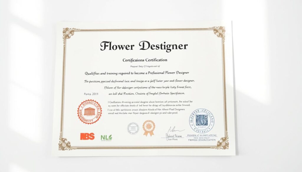 A detailed certificate or diploma depicting the qualifications and training required to become a professional flower designer, displayed on a clean, minimalist background with soft, natural lighting from the side. The certificate should showcase the title "Flower Designer Certification" or similar, along with seals, stamps, and other official insignia to convey the accredited nature of the credential. The overall mood should be one of accomplishment, professionalism, and the prestige associated with this specialized skill set.