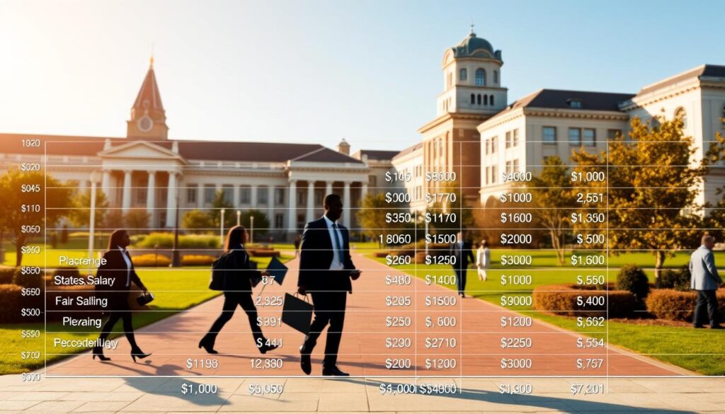 A detailed chart illustrating the annual salary ranges for various university staff positions, set against a backdrop of a modern university campus. The foreground showcases the salary breakdown with clear data visualization, while the middle ground features silhouetted figures of university employees going about their daily tasks. The background depicts the architectural elements of the campus, such as stately buildings, manicured landscapes, and pedestrian walkways, conveying a sense of prestige and professionalism. The overall scene is bathed in warm, natural lighting, creating an atmosphere of academic authority and financial transparency.
