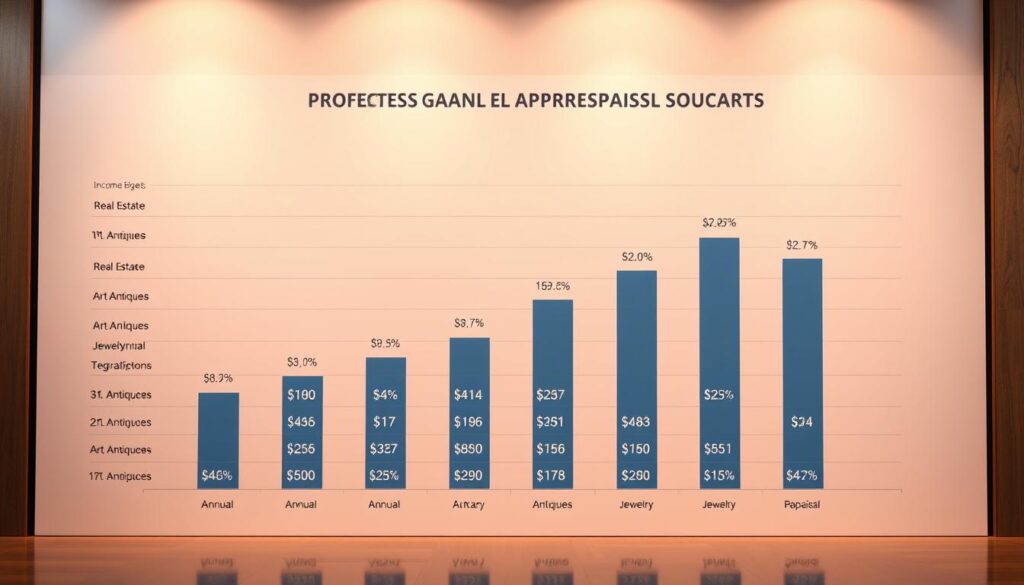 A detailed comparative chart showcasing the annual income ranges of various professional appraisal experts, displayed against a sleek, minimalist backdrop. The chart features distinct columns for different appraisal specialties, such as real estate, art, antiques, and jewelry, allowing for an at-a-glance understanding of the compensation structures within the appraisal industry. The design is clean and data-driven, with a sophisticated color palette and subtle gridlines to emphasize the informative nature of the visualization. Subtle lighting casts a warm, professional glow over the scene, creating a sense of authority and expertise. The overall atmosphere conveys a meticulous, analytical approach to understanding the earning potential within this specialized field.