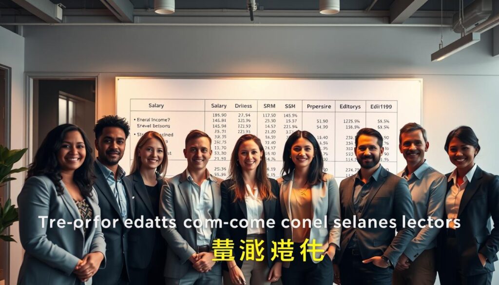 A detailed comparison of annual incomes for professional proofreaders and editors, showcased against a modern office backdrop. In the foreground, a group of diverse individuals, each wearing business attire, stand side by side, their expressions conveying a sense of camaraderie and shared experience. Behind them, a sleek, minimalist workspace with clean lines and muted tones, featuring a large whiteboard displaying salary data and statistical visualizations. Warm, directional lighting illuminates the scene, creating a sense of professionalism and authority. The overall mood is one of informed analysis, with the image capturing the essence of the "気になる年収の真相" section of the article.