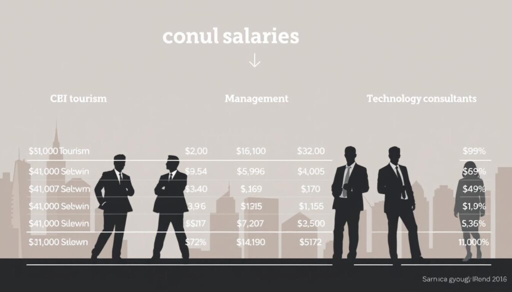 A detailed comparison of annual salaries across various consulting professions, set against a stylish, modern backdrop. In the foreground, a sleek data visualization displays the relative earnings of tourism, management, and technology consultants, rendered in a clean, infographic style with a polished, minimalist aesthetic. The middle ground features silhouettes of professionals in smart business attire, conveying the competitive, high-stakes nature of the consulting industry. The background is dominated by a subtle, architectural pattern suggestive of the built environment in which these consultants operate, complemented by muted, sophisticated tones that evoke a sense of prestige and refinement.