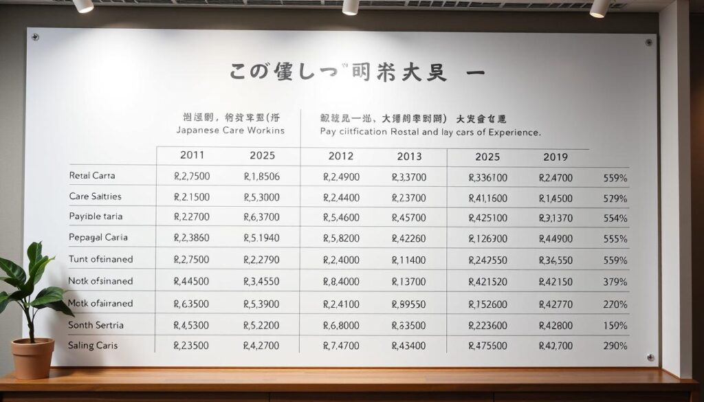 A detailed comparison of annual salaries for Japanese care workers, showcasing the pay differences across various certifications and years of experience. The scene depicts a thoughtfully designed infographic display, with clean typography and crisp data visualizations set against a minimalist, professional backdrop. Soft lighting casts an air of authority and credibility, while a slightly high camera angle provides an overview of the comprehensive information. The overall mood is one of informative clarity, encouraging the viewer to understand the nuanced pay structure within the caregiving industry.
