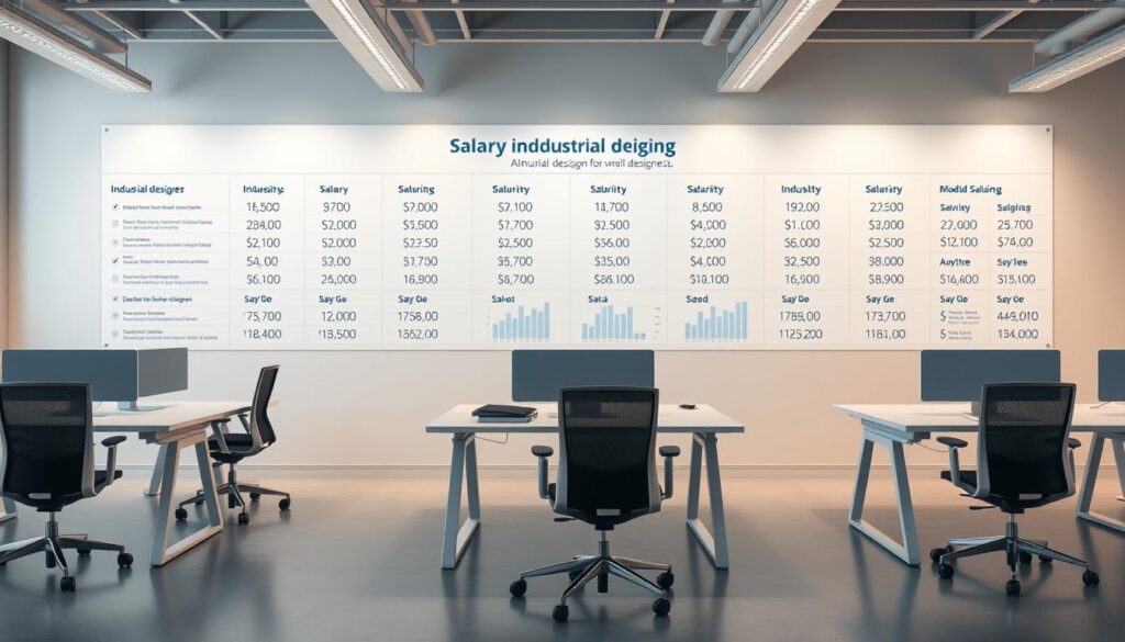 A detailed comparison of annual salaries for industrial designers, showcased in a clean, data-driven infographic. The scene depicts a minimalist office space with an array of sleek, modern workstations and ergonomic chairs. Soft, directional lighting illuminates a large wall display that features neatly organized salary statistics, presented in a clear, visually appealing manner. The overall mood is professional, informative, and geared towards providing a comprehensive understanding of the earning potential within the industrial design industry.