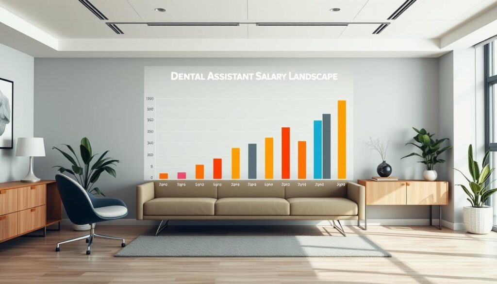 A detailed comparison of dental assistant salaries, showcasing a bar graph with precise data visualizations. The scene is set in a modern, well-lit office environment, with clean, minimalist design elements. The graph is the focal point, surrounded by subtle, professional-looking decor that complements the subject matter. The color palette is muted, with a balance of warm and cool tones to create a balanced, analytical aesthetic. The camera angle is slightly elevated, giving a sense of authority and expertise to the image. The overall mood is informative, data-driven, and visually appealing, perfectly suited to illustrate the "Dental Assistant Salary Landscape" section of the article.