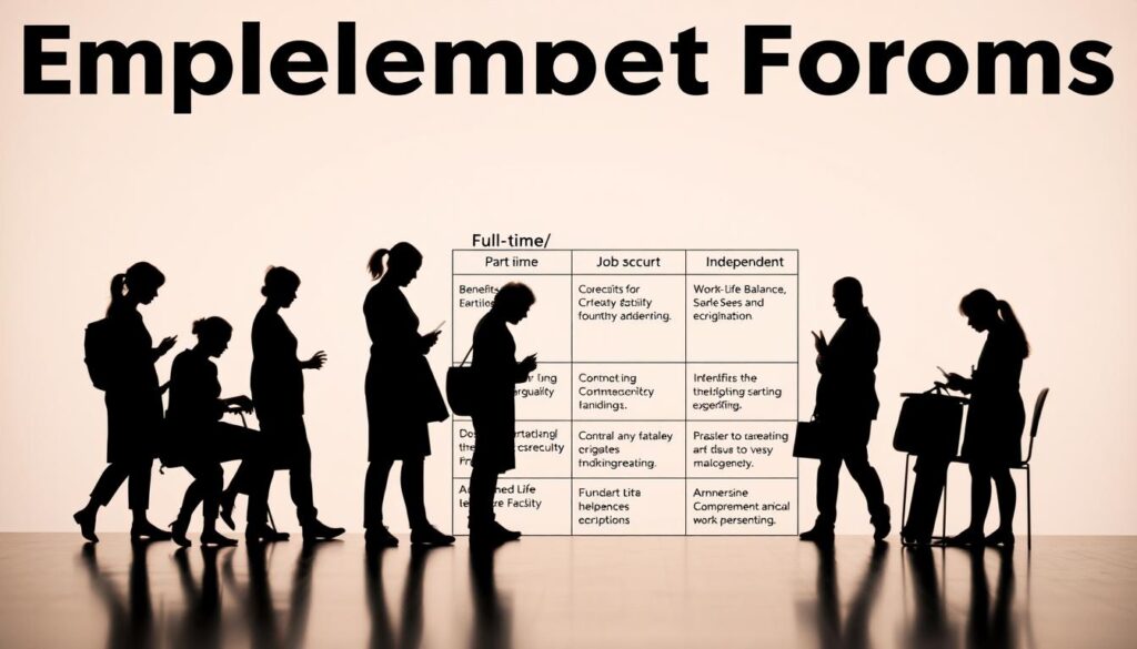 A detailed comparison of employment forms for care helpers, capturing the diverse work arrangements and contractual structures that shape their professional landscape. In the foreground, silhouettes of care helpers engaged in various tasks, each representing a distinct employment type - full-time, part-time, contract, and independent. The middle ground features a grid-like layout showcasing key differences in benefits, job security, and work-life balance. The background is a serene, muted palette, reflecting the thoughtful, analytical nature of the topic. Soft lighting illuminates the scene, creating a sense of clarity and professionalism. The overall composition conveys the nuances and complexities inherent in the employment options available to this essential workforce.