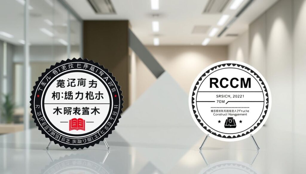 A detailed comparison of the technical engineer (Gijutsushi) and RCCM (Registered Chief Construction Management) certifications, set against a sleek, minimalist backdrop. The foreground showcases the two certification badges side-by-side, their distinct designs and emblems highlighted under crisp, directional lighting. The middle ground blends clean, geometric shapes in muted tones, creating a sense of balance and professionalism. The background subtly suggests an office environment, with hints of architectural elements and a soft, neutral color palette to maintain the focus on the central certifications. Overall, the image conveys the technical expertise and regulatory requirements associated with these important qualifications for construction consultants.