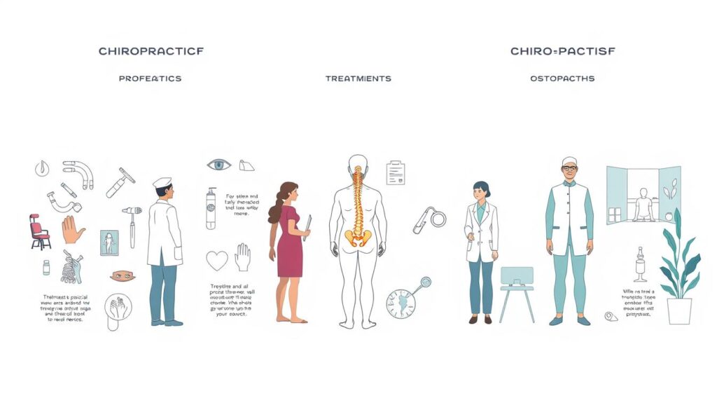 A detailed comparison of various healthcare professions, including chiropractors, physical therapists, and osteopaths, set against a neutral, minimalist background. The scene features clean, clinical-style illustrations of each profession's key tools, treatments, and environments, allowing for a clear visual juxtaposition of their similarities and differences. Soft, muted colors create a sense of balance and professionalism, while careful composition guides the viewer's eye through the comparative elements. The overall tone is informative and educational, designed to assist the reader in understanding the unique role and scope of a chiropractor's practice.
