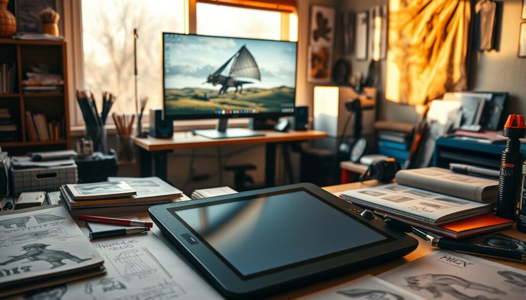 A detailed concept artist's studio, illuminated by warm, natural lighting from a large window. In the foreground, a digital drawing tablet and stylus sit on a neatly organized desk, surrounded by reference materials and sketchbooks. The middle ground features a computer monitor displaying a digital painting in progress, while the background showcases various art supplies, such as colored pencils, markers, and a professional-grade camera. The overall atmosphere conveys a sense of creativity, focus, and the potential for a thriving career as a concept artist.