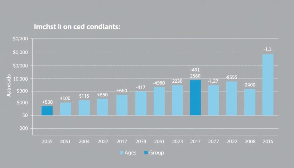 A detailed, data-driven bar chart depicting the comparative annual incomes of construction consultants across different age groups. The chart is rendered in a clean, professional style with a minimalist color palette of grays, blues, and whites, allowing the numerical data to take center stage. The bars are precisely measured and labeled, presenting the information in a clear and easily interpretable manner. The layout is balanced, with ample negative space to give the chart an uncluttered, modern appearance. Subtle gridlines and tick marks provide additional context, while the overall lighting is soft and evenly distributed, creating a calm and authoritative atmosphere suitable for a technical business illustration.
