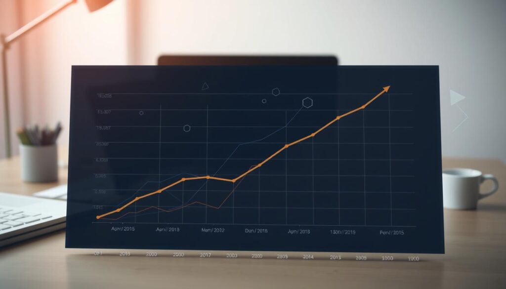 A detailed, data-driven chart illustrating the correlation between career advancement and income growth over time. In the foreground, a line graph with a clear upward trajectory, representing the steady increase in annual earnings as the subject progresses in their profession. The middle ground features abstract geometric shapes and subtle data visualizations, conveying a sense of progress and financial optimization. The background is a clean, minimalist workspace, with a laptop, desk, and office supplies, creating a professional, corporate atmosphere. The lighting is soft and even, with a slight hint of warm tones, evoking a sense of success and achievement. The overall mood is one of measured optimism and financial empowerment.