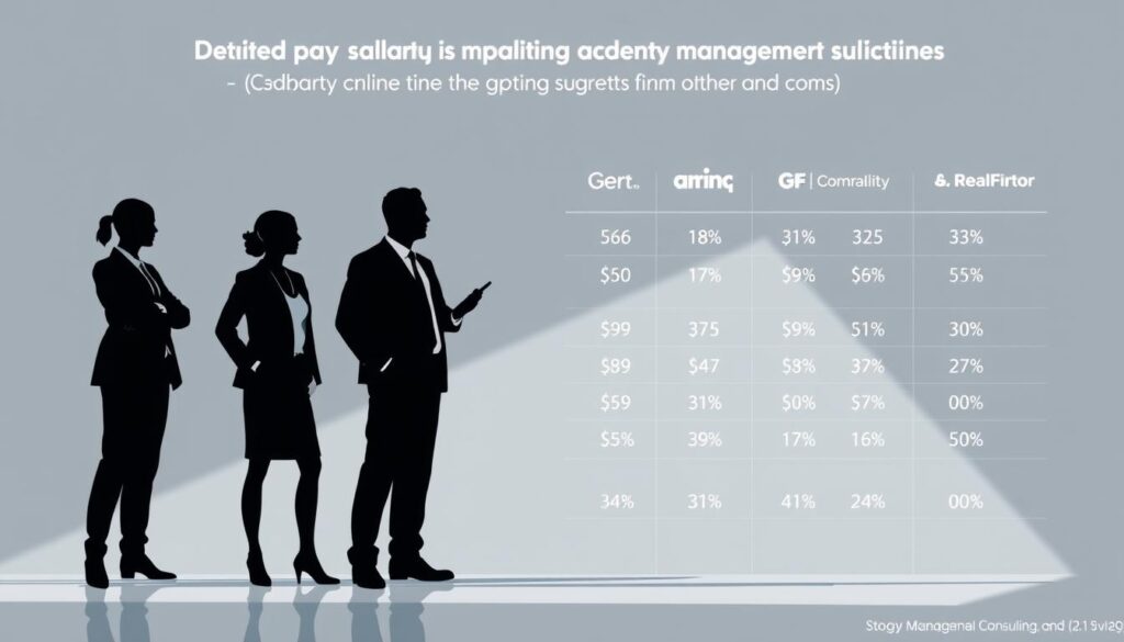 A detailed, data-driven comparison of annual salaries across leading management consulting firms, showcased in a sleek, infographic-style illustration. The image should feature silhouettes of smartly-dressed professionals against a minimalist, corporate backdrop, with salary figures and company logos neatly arranged to highlight the nuanced pay disparities between industry giants. Utilize a cool, muted color palette and clean, geometric shapes to convey an air of authority and professionalism befitting the subject matter. Subtle lighting from the side casts dramatic shadows, adding depth and visual interest. The overall composition should be balanced, with an intuitive flow that guides the viewer's eye through the key data points.