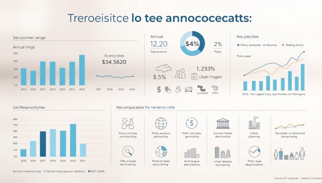 A detailed, data-driven infographic showcasing the annual incomes and job responsibilities of technocrats. A clean, minimalist layout with crisp typography and infographic elements. In the foreground, a series of neatly organized data visualizations - bar charts, pie charts, and line graphs - displaying compensation ranges, salary trends, and key job duties across various technocratic roles. The middle ground features subtly stylized icons and pictograms representing different technocratic specializations, from policy analysis to urban planning. The background has a soft, blurred gradient in neutral tones, creating a sense of professionalism and authority. Overall, the image conveys a comprehensive, analytical perspective on the technocratic career path.