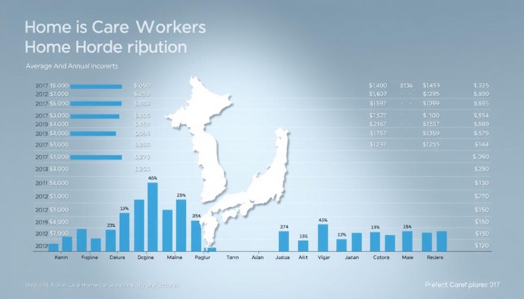 A detailed, data-driven visualization of Japan's prefectural income distribution. The image depicts a clean, minimalist infographic showcasing the average annual income for home care workers across all 47 prefectures. Rendered in a cool, technical color palette, the visualization uses distinct bar graphs to clearly convey the income disparities between regions. The layout is well-organized, with a balanced composition and crisp, legible typography. Soft directional lighting casts subtle shadows, lending depth and dimensionality to the scene. The overall mood is informative and data-driven, designed to effectively communicate the key insights around home care worker salaries in Japan.