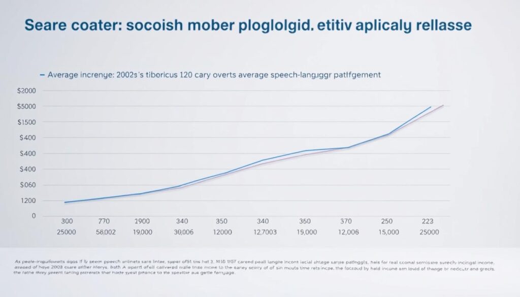 A detailed data visualization depicting the career income trajectory of speech-language pathologists over time. The foreground shows a line graph charting their average annual earnings across different age groups, from early career to retirement. The middle ground features subtle gridlines and numerical labels to provide context. The background has a muted, professional tone with a minimalist layout to allow the data to take center stage. Soft, even lighting illuminates the scene, captured at a slightly elevated angle to convey a sense of authority and insight. The overall mood is informative and data-driven, designed to visually communicate the evolving financial landscape of this healthcare specialty.
