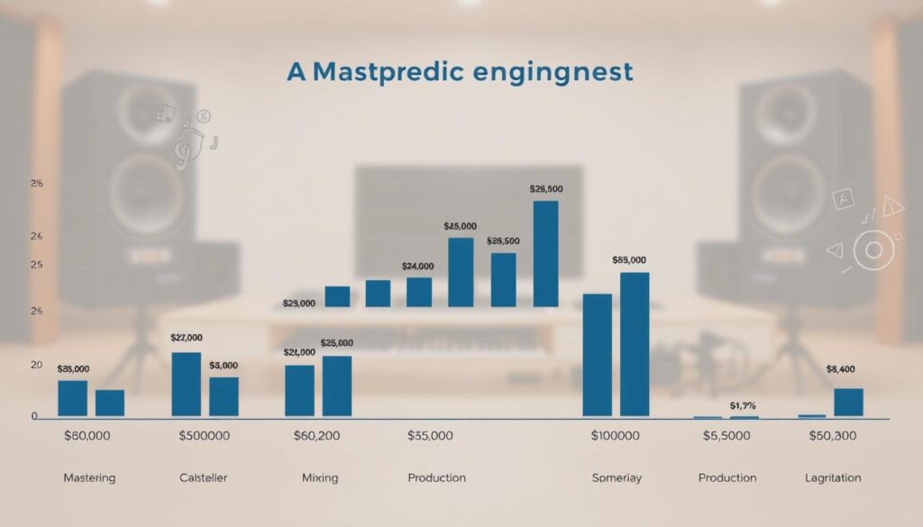 A detailed data visualization showcasing the comparative annual incomes of different professions, with a central focus on the mastering engineer role. The layout features a clean, minimalist aesthetic with a muted color palette and crisp typography. The foreground presents a series of sleek, stylized bar charts displaying income ranges for various audio engineering specialties, including mastering, mixing, and production. The middle ground highlights the mastering engineer position with a larger, more prominent chart. The background subtly suggests the recording studio environment with subtle technical illustrations or icons related to audio equipment and workflow. Balanced lighting and a shallow depth of field create a sense of depth and professionalism. The overall mood is informative, data-driven, and visually appealing to complement the article's focus on the mastering engineer's career and earnings.