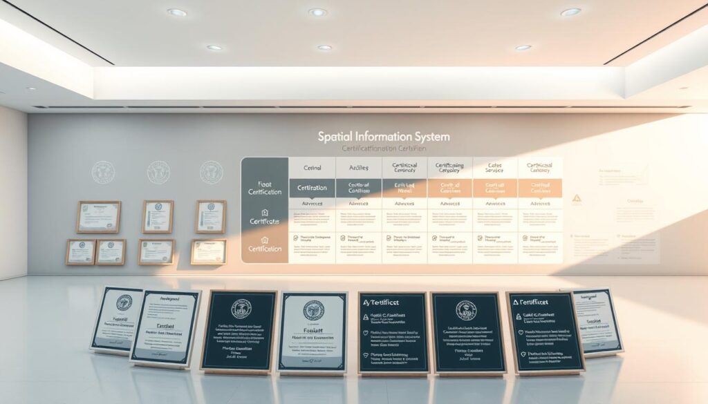 A detailed diagram showcasing the comprehensive spatial information certification system. In the foreground, a meticulously rendered illustration of various official certificates and credentials, each represented with precise icons and symbols. The middle ground features a structured grid layout highlighting the different certification levels, from entry-level to advanced, along with their respective requirements and career trajectories. The background depicts a clean, minimalist environment with subtle geometric patterns, creating a sense of order and professionalism. The lighting is soft and evenly distributed, accentuating the clarity and legibility of the information. The overall composition conveys a sense of authority, expertise, and the comprehensive nature of the spatial information certification landscape.