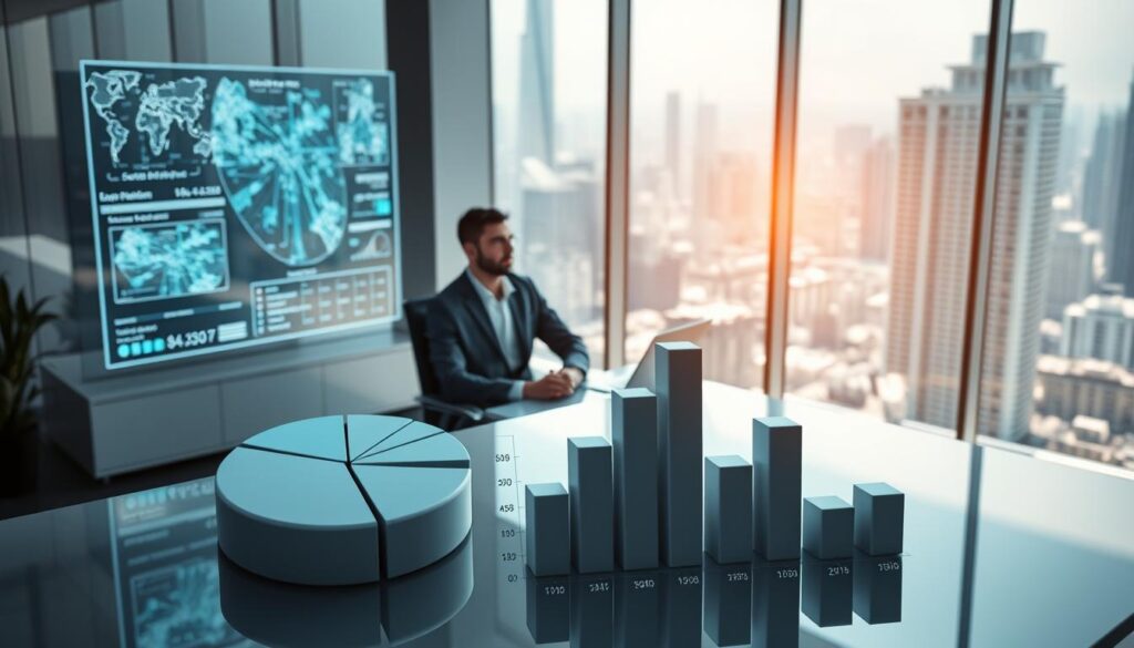 A detailed financial analysis of the annual earnings of a spatial information consultant, depicted against a backdrop of a sleek, modern office setting. The consultant is seated at a minimalist desk, surrounded by holographic data visualizations and virtual mapping interfaces. Soft, directional lighting casts subtle shadows, emphasizing the technological sophistication of the workspace. In the foreground, a pie chart and bar graph illustrate the consultant's income breakdown, while in the background, a large window offers a glimpse of the bustling cityscape beyond. The overall atmosphere conveys the precision, expertise, and high-value nature of the consultant's specialized role in the field of spatial data analysis and urban planning.
