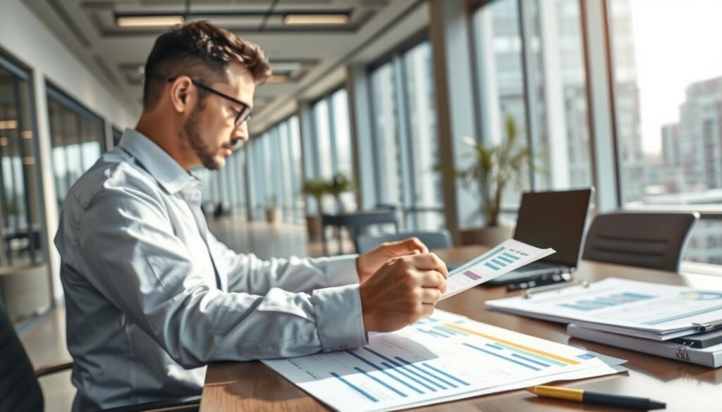 A detailed financial analysis of the earnings of a professional construction consultant, captured in a high-resolution digital painting. The scene depicts the consultant reviewing detailed financial documents and spreadsheets on a well-organized desk, set against a backdrop of sleek modern office architecture with floor-to-ceiling windows providing ample natural lighting. The consultant's face is obscured, emphasizing the analytical nature of the work. The composition uses a shallow depth of field to draw the viewer's attention to the financial data, conveying a sense of precision and diligence. The overall mood is one of focused professionalism and data-driven decision-making.