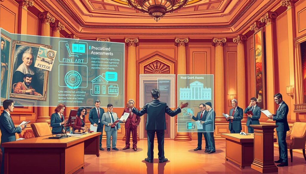 A detailed, formal illustration showcasing various specialized appraisal services. In the foreground, a central figure stands at a podium, gesturing towards holographic displays of detailed assessments for different asset classes - fine art, antiques, real estate, and more. The middle ground features experts in each domain, intently examining items and consulting reference materials. The background depicts a grand, classical interior with high ceilings, ornate columns, and warm lighting, conveying a sense of authority and professionalism. The overall scene conveys the comprehensive, technical nature of the appraiser's work across diverse specialized fields.