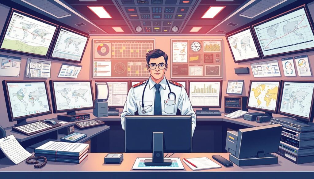 A detailed, high-quality illustration of the essential skills required for a dispatcher in the aviation industry. Show a well-organized, professional work environment with various tools and equipment relevant to the dispatcher's role, such as computer screens, maps, communication devices, and scheduling charts. Depict the dispatcher in a central position, surrounded by these key elements, conveying a sense of competence, focus, and multitasking. Use a realistic, technical style with soft, directional lighting to emphasize the importance and complexity of the dispatcher's responsibilities. The scene should exude a sense of efficiency, precision, and the critical nature of the dispatcher's work in the smooth operation of the aviation industry.