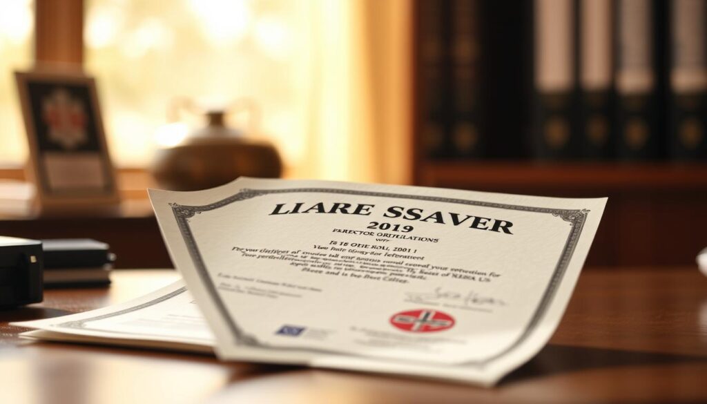 A detailed, high-resolution image of a lifesaver's certification or qualification document, captured in a warm, well-lit setting. The document should be the focal point, centered in the frame and occupying a significant portion of the image. The background should be blurred but suggest a professional or academic environment, such as a desk or office. The lighting should be soft and flattering, creating subtle shadows and highlights that enhance the texture and quality of the paper. The image should convey a sense of professionalism, expertise, and the importance of the lifesaver's credentials.