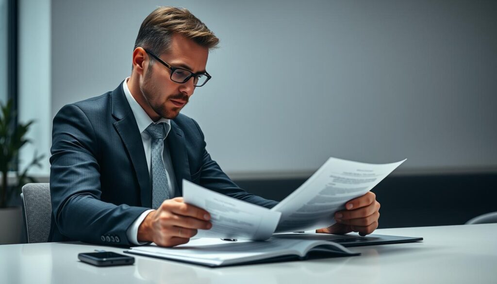 A detailed, high-resolution image of a professional executive sitting at a desk, intently reviewing a set of documents and notes, with a focused, pensive expression. The scene is set in a modern, well-lit office environment, with a sleek, minimalist aesthetic. The lighting is soft and diffused, creating a sense of contemplation and concentration. The executive is dressed in a crisp, tailored suit, conveying an air of authority and expertise. The background features a clean, uncluttered space, allowing the subject to take center stage and emphasize the idea of carefully preparing for a job interview.