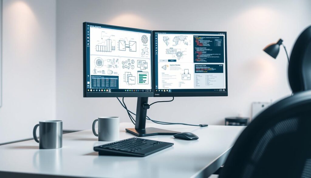 A detailed, high-resolution image of a system engineer's workspace, showcasing the essential skills and tools required for the role. The foreground features a sleek, modern desk with a dual-monitor setup, a keyboard, a mouse, and a coffee mug. The middle ground includes various technical diagrams, schematic drawings, and coding interfaces on the computer screens, conveying the engineer's analytical and problem-solving abilities. The background depicts a minimalist office environment with subtle lighting, suggesting a calm and focused atmosphere conducive to the demands of the profession. The overall scene reflects the blend of technical expertise, problem-solving, and attention to detail that defines the role of a skilled system engineer.