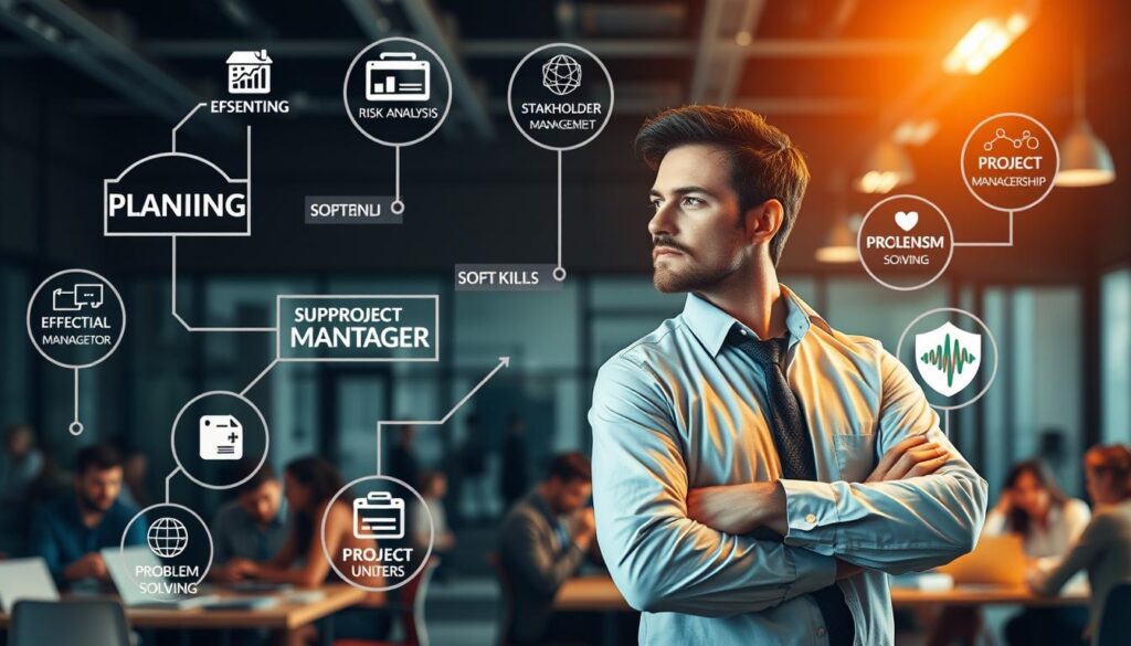 A detailed, high-resolution image of the essential skills required for a successful project manager. In the foreground, a confident project manager stands with a clear vision, surrounded by a seamless flow of project management tasks - planning, risk analysis, stakeholder management, and effective communication. The middle ground showcases the diverse technical and soft skills, including Agile methodologies, budgeting, team leadership, and problem-solving. The background depicts a dynamic, collaborative work environment with various team members contributing to the project's success. The scene is illuminated by warm, focused lighting, emphasizing the project manager's central role in guiding the team towards achieving their goals.