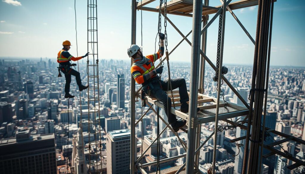 A detailed, high-resolution image showcasing the essential skills required for the Japanese Tobi occupation. In the foreground, a skilled Tobi worker expertly navigates a towering scaffold, utilizing their balance, agility, and precise control. In the middle ground, another Tobi worker carefully inspects the structural integrity of a building, demonstrating their keen eye for detail and problem-solving abilities. In the background, a panoramic view of a bustling cityscape, capturing the height and scale of the Tobi profession. The scene is illuminated by natural sunlight, casting dramatic shadows and highlights that accentuate the physicality and technical expertise of the Tobi workers. The overall atmosphere conveys the discipline, focus, and pride inherent in this unique and challenging occupation.