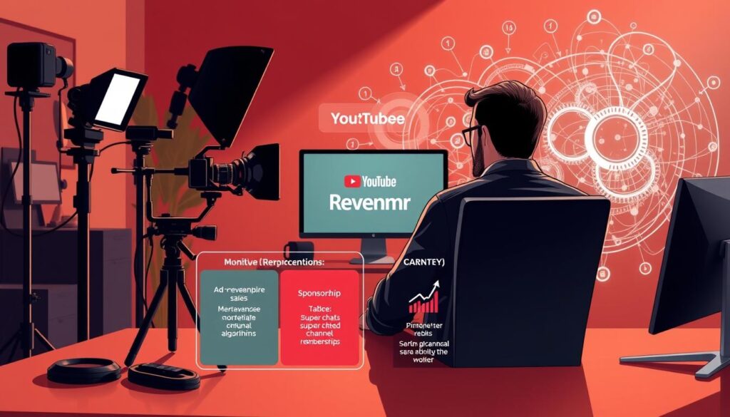 A detailed illustration of a YouTuber's income structure, showcasing the various revenue streams and monetization methods. In the foreground, a YouTuber sits at a desk, surrounded by a professional video production setup, including a high-quality camera, lighting equipment, and a sleek, modern computer. In the middle ground, a visual breakdown of the YouTuber's income sources, such as ad revenue, sponsorships, merchandise sales, and platform-specific features like super chats and channel memberships. In the background, a abstract visualization of the complex algorithms and data analytics that drive the platform's monetization system. The overall scene is bathed in a warm, soft lighting, creating an atmosphere of professionalism and financial success.