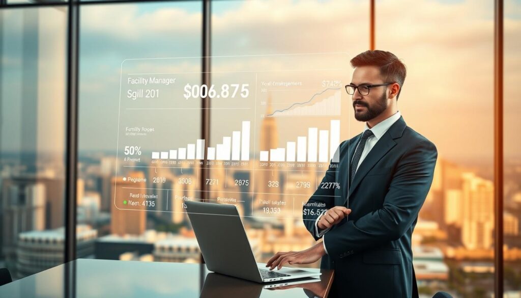 A detailed illustration of a facility manager's annual income and job market status. Set in a modern office environment, the foreground depicts a well-dressed professional reviewing financial data on a laptop, conveying a sense of authority and expertise. The middle ground showcases a holographic infographic displaying statistical graphs and charts, providing a visualization of salary ranges and employment trends. The background features a panoramic view of a bustling city skyline, suggesting the broader economic and professional context. The lighting is a balanced mix of warm and cool tones, creating a professional and informative atmosphere. The camera angle is slightly elevated, giving the impression of an objective, data-driven perspective.