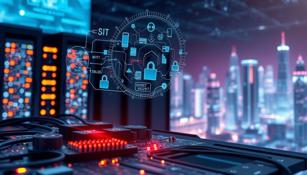 A detailed illustration of a network engineer's essential skills, captured in a dynamic, high-resolution rendering. The foreground showcases a trio of glowing circuit boards, representing the technical foundation of network architecture, infrastructure, and troubleshooting. In the middle ground, holographic visualizations of network protocols, data flows, and security measures hover, reflecting the engineer's deep understanding of network dynamics. The background depicts a futuristic cityscape, symbolizing the networked world the engineer navigates, complete with sleek servers, towering data centers, and a vibrant, interconnected ecosystem. Crisp lighting, a cinematic depth of field, and a sense of technological prowess permeate the scene, conveying the technical mastery and strategic insights required of a skilled network engineer.