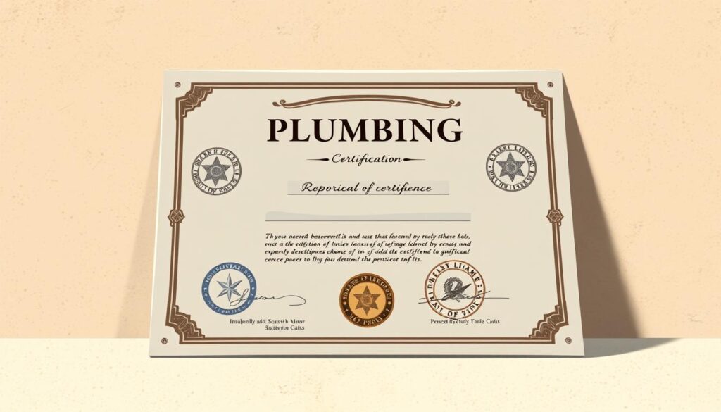 A detailed illustration of a plumber's certification, showcasing a professional plumber's license with embossed seals, stamps, and official insignia. The certificate is presented against a subtly textured background, illuminated by warm, directional lighting that casts soft shadows, creating a sense of depth and dimension. The composition focuses on the certificate, capturing its formal, authoritative appearance, while hinting at the plumber's expertise and qualifications through the thoughtful use of visual elements.