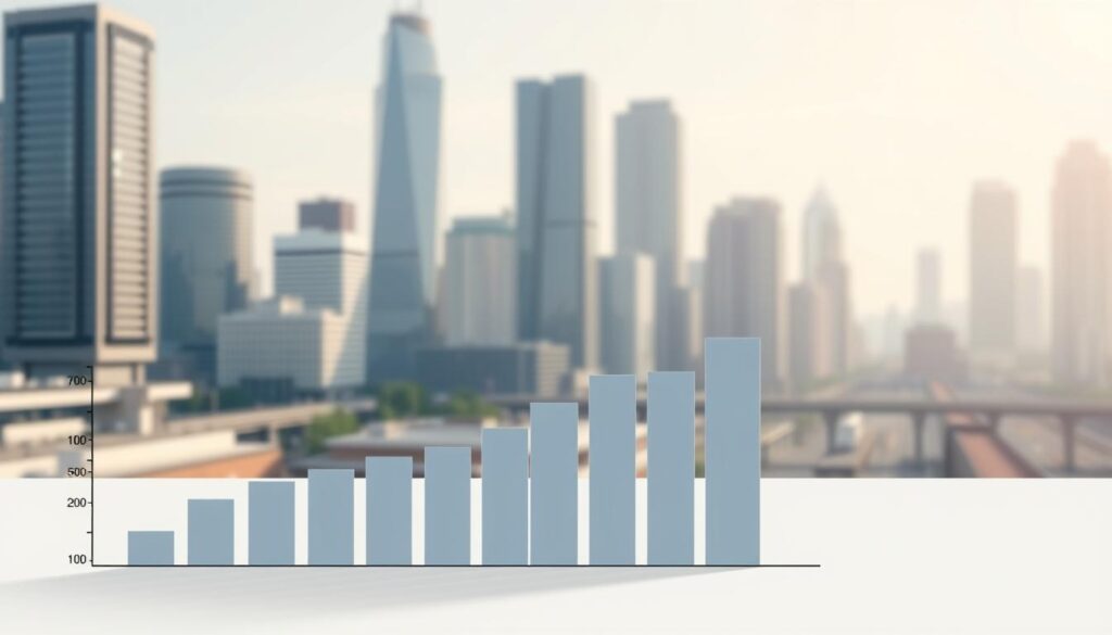 A detailed illustration of an upper-middle-class Japanese businessman's yearly income, depicted through a clean, minimalist design. The foreground features a stylized bar graph in muted tones, representing the average annual salary for a water and sewage consultant. The background showcases a serene, blurred cityscape with skyscrapers and infrastructure, alluding to the urban setting in which these professionals typically work. The lighting is soft and diffused, creating a sense of professionalism and financial stability. The overall composition conveys the subject's position and earning potential within the water management industry.