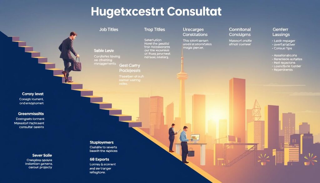 A detailed illustration of the career path and job titles for a management consultant, showcasing their progression from entry-level to senior leadership roles. The foreground depicts a consultant climbing a winding staircase, representing the various steps of their career journey. The middle ground features a bustling office environment with colleagues collaborating on projects, conveying the dynamic nature of the consulting industry. The background showcases the skyline of a modern city, symbolizing the global reach and impact of the consulting profession. The lighting is warm and inviting, creating a sense of professionalism and growth. The overall composition aims to inspire and guide aspiring consultants on their own career trajectories.