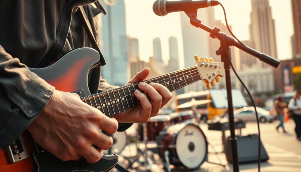 A detailed illustration of the essential skills and expertise required for street musicians. In the foreground, a skilled performer plays a guitar, their fingers effortlessly gliding across the strings. The middle ground showcases a variety of musical instruments, including a drum kit, a keyboard, and a microphone, representing the diverse talents needed. In the background, a cityscape with skyscrapers and bustling streets sets the urban stage for the street musician's craft. Warm, natural lighting illuminates the scene, conveying a sense of energy and vibrancy. The composition emphasizes the technical proficiency, versatility, and adaptability required to captivate audiences in the public sphere.