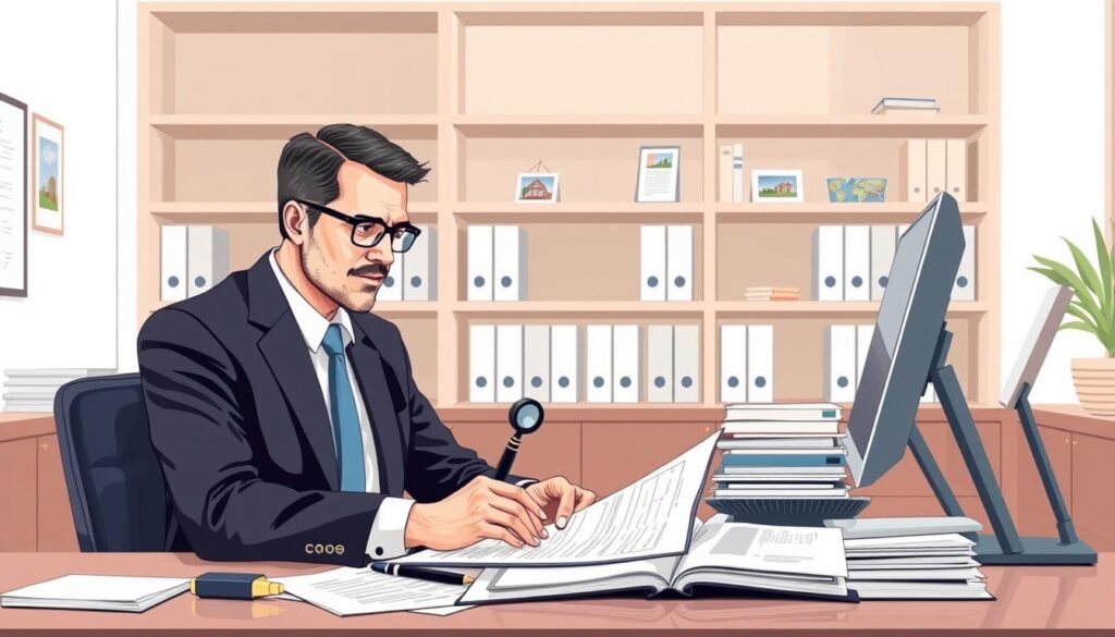 A detailed illustration of the evaluation process workflow, depicting a formal office setting with a professional appraiser at a desk reviewing documents and images. The scene should have a crisp, clean aesthetic with neutral tones and balanced lighting, conveying a sense of diligence and expertise. The appraiser should be shown in a focused, contemplative pose, surrounded by relevant tools and materials such as a magnifying glass, a computer, and stacks of reports. The background should feature architectural elements like shelves or filing cabinets to reinforce the professional, administrative nature of the environment.