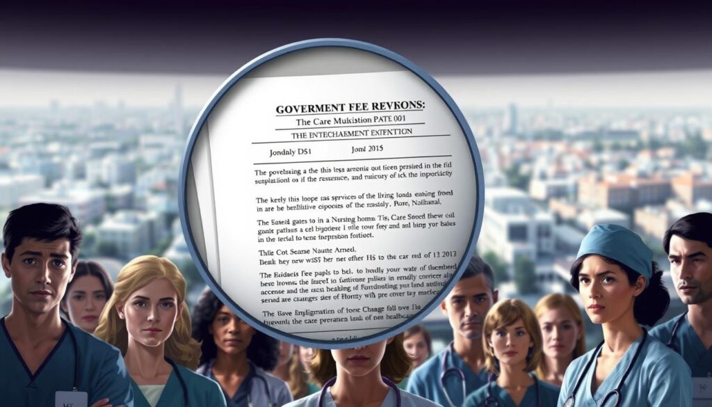 A detailed illustration of the impact of care service fee revisions on the healthcare industry. In the foreground, a group of healthcare workers in scrubs and uniforms, their expressions conveying uncertainty and concern. In the middle ground, a magnified view of a government document outlining the changes to reimbursement rates, casting an ominous shadow over the scene. In the background, a blurred cityscape with hospitals and nursing homes, symbolizing the broader systemic implications. Lighting is soft and muted, creating a contemplative atmosphere. The composition emphasizes the weight and gravity of the policy changes on the lives of those who provide essential care.