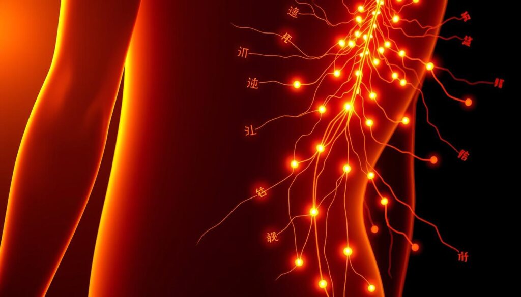 A detailed illustration of the meridian system in traditional Chinese medicine, depicting the flow of qi energy through the body's acupuncture points and channels. Warm lighting illuminates the intricate network of lines and symbols, with a focus on the key points and their connections. The image conveys a sense of balance, harmony, and the holistic nature of acupuncture therapy. Rendered in a realistic, scientific style, the illustration serves as a visual aid to enhance the understanding of the fundamental concepts of acupuncture and its underlying principles.