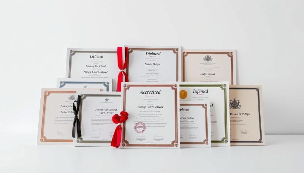 A detailed illustration of the qualifications and certifications required for a fashion designer, captured in a realistic, visually striking manner. The image depicts a neatly organized display of various fashion-related diplomas, certificates, and licenses against a clean, minimalist background. The lighting is soft and even, creating a professional, authoritative atmosphere. The composition focuses on the accredited documents, emphasizing their importance and centrality to the fashion design profession. The overall mood is one of accomplishment, expertise, and the rigorous training necessary to succeed in this creative industry.