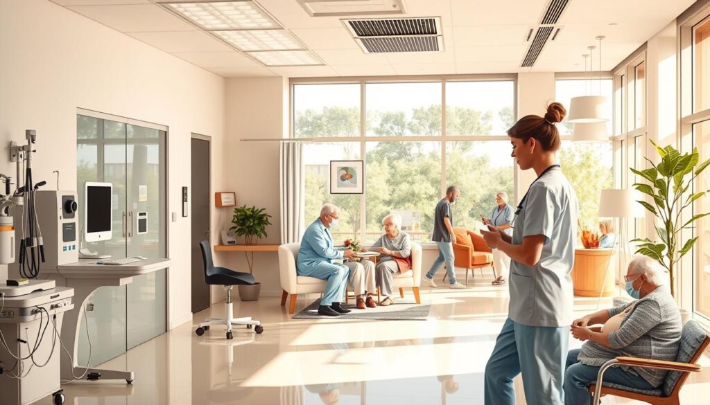 A detailed illustration of the three main areas of nursing care work: a bright, modern healthcare facility with a well-equipped examination room in the foreground, featuring advanced medical equipment and attentive nurses providing patient care; a cozy, nurturing residential care home in the middle ground, with caregivers assisting elderly residents with daily activities; and in the background, a bustling community center hosting various therapeutic and social programs for the elderly, fostering a sense of engagement and well-being. The scene is bathed in warm, natural lighting, conveying a sense of professionalism, empathy, and holistic care. The composition emphasizes the interconnected nature of the different aspects of nursing care, reflecting the comprehensive responsibilities of a dedicated care worker.
