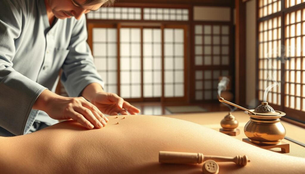 A detailed illustration of various moxibustion therapy techniques. In the foreground, a skilled practitioner meticulously places moxa cones on specific acupuncture points along the patient's body. The middle ground showcases different moxibustion tools, including the traditional moxa stick and specialized burners. In the background, a serene, traditional Japanese setting with sliding doors and bamboo accents provides a calming atmosphere. The lighting is soft and natural, highlighting the warm, earthy tones of the therapeutic implements. The overall scene conveys the precision, care, and ancient wisdom inherent in the moxibustion practice.