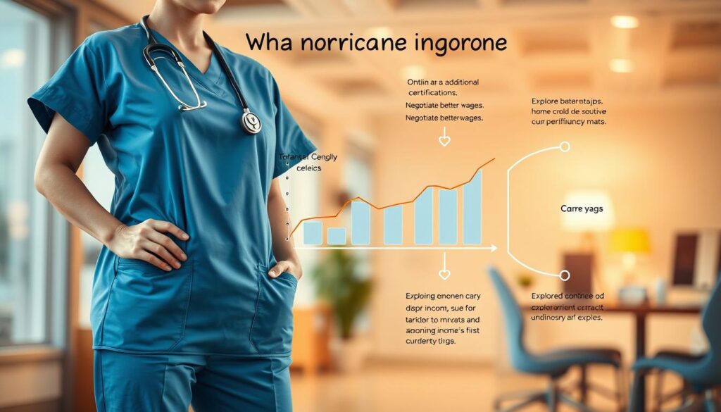 A detailed illustration of "ways to increase income" for a care worker, featuring a neatly organized composition. In the foreground, a person in a healthcare uniform stands confidently, examining a financial chart. The middle ground showcases various income-boosting tactics, such as obtaining additional certifications, negotiating better wages, and exploring supplementary jobs. The background depicts a blurred office setting, conveying a sense of professionalism and ambition. The lighting is soft and warm, creating an inspiring atmosphere. Captured with a wide-angle lens to capture the full scope of the scene.