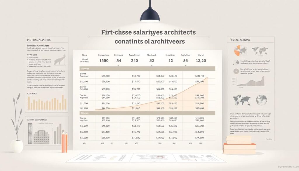 A detailed illustration showcasing the comparative annual salaries of first-class architects. The scene depicts a neatly organized graph or chart with clear data visualizations, displaying income ranges and trends across different experience levels, firm sizes, and specializations. The artwork uses a clean, professional color palette with muted tones, creating a sense of authority and credibility. The composition features a central focus on the data presentation, surrounded by minimal but informative contextual elements that reinforce the subject matter. Subtle lighting from above casts a soft, even glow across the scene, highlighting the precision and clarity of the information. The overall mood is one of informed, data-driven analysis suitable for an educational career guide.