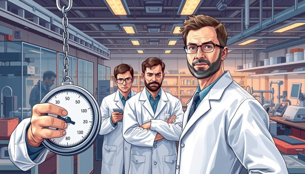 A detailed illustration showcasing the various types of weighing professionals and their corresponding responsibilities. In the foreground, a meticulously rendered weighing scale held by a meticulous-looking weighing technician, dressed in a crisp, white lab coat. In the middle ground, a group of weighing inspectors examining precision measurement equipment, their expressions conveying a sense of diligence and expertise. In the background, a panoramic view of a modern, well-equipped metrology laboratory, with state-of-the-art calibration tools and an atmosphere of scientific rigor. The overall scene should embody the multifaceted nature of the weighing profession, conveying the importance of accuracy, attention to detail, and the diverse responsibilities of these specialized professionals.
